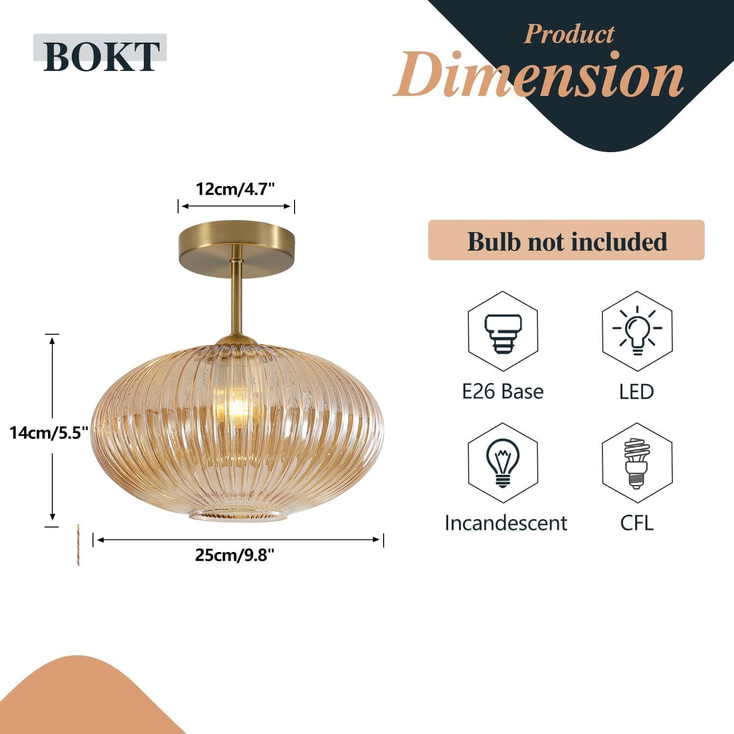 BOKT Vintage Brushed Brass Semi Flush Mount Ceiling Light Amber Ribbed Glass Pendant Light Mid Century Modern Gold Close to Ceiling Light Fixture for Indoor Use 9.8" Amber-25cm