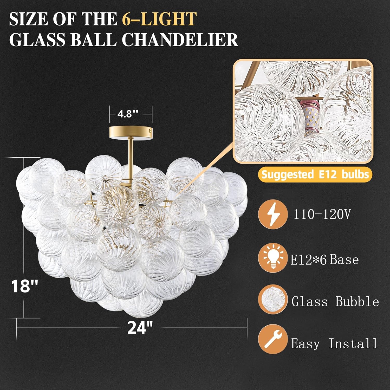 Semi Flush Mount Bubble Ball Chandelier Lighting 24 Inches Gold Clear Ribbed Blown Glass Chandeliers Ceiling Light Fixture for Bedroom