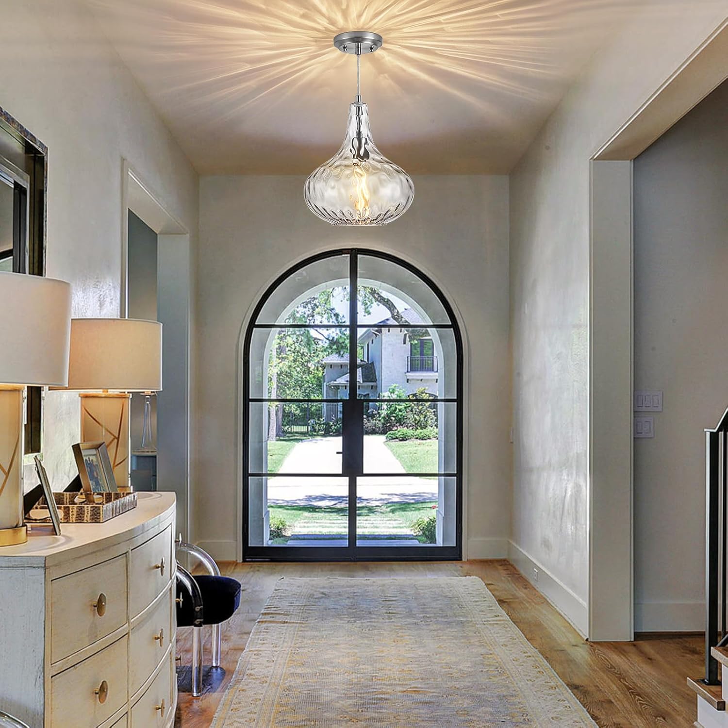CATINER Glass Pendant Light Brushed Nickel 11-inch Hammered Pendant Lighting for Kitchen Island